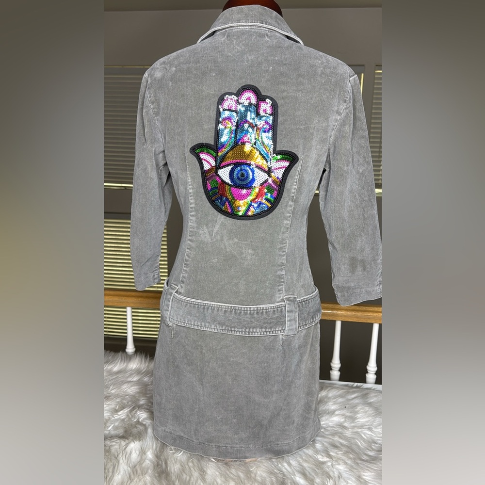 Hot Kiss Gray Corduroy Mini Dress Evil Eye Hamsa Hand Embroidery Sequins Unique